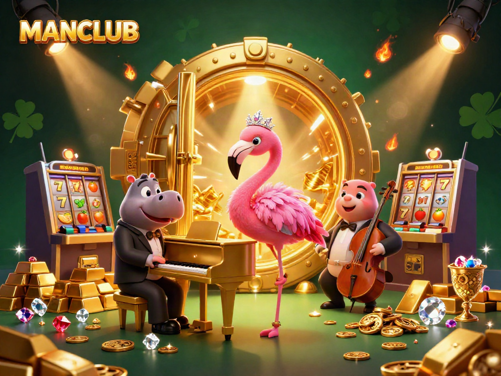 Experience excitement at MANCLUB with casino lounge characters surrounded by slot machines and gold treasures.