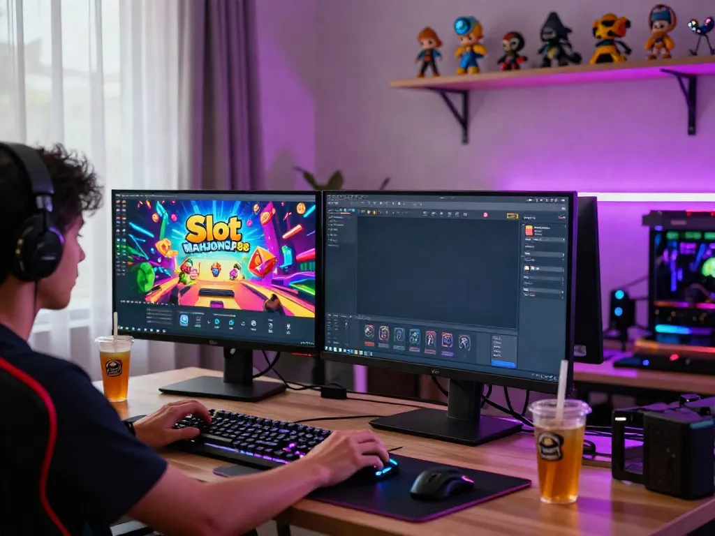Exciting gaming setup featuring Slot MAHJONGJP88 interface on screen, with vibrant LED lighting and gaming peripherals.