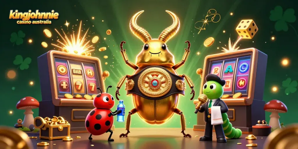 Experience excitement at kingjohnnie casino australia with this vibrant 3D scene featuring a golden stag beetle and captivating casino elements.