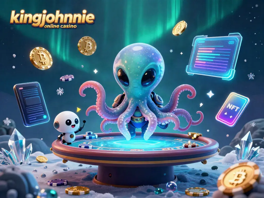 Play at kingjohnnie online casino with a cosmic-themed poker showdown featuring alien and robot characters.