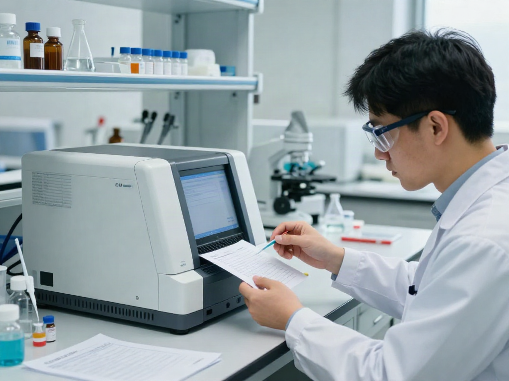 KLOW peptide blend for sale in a professional lab setting, researcher analyzing purity with HPLC equipment.