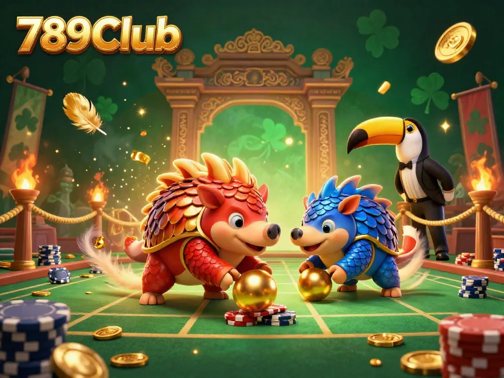 Engaging 3D illustration of 789Club featuring rival pangolins in a vibrant casino setting, capturing dynamic gambling action.