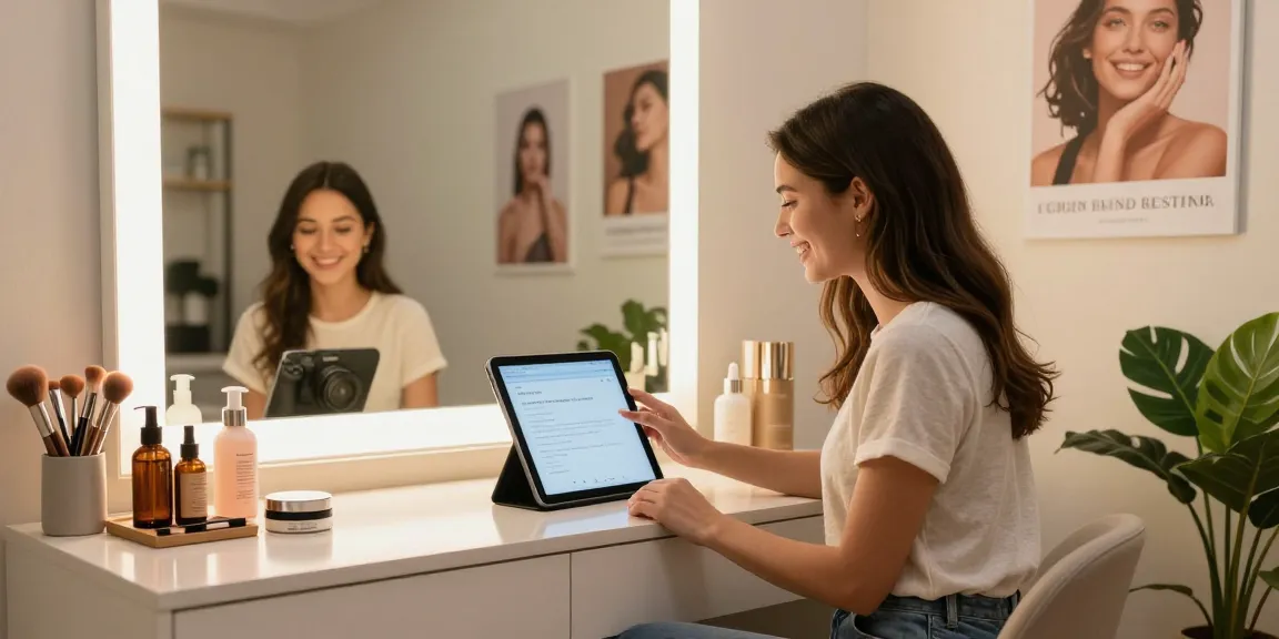 Woman engaging with an AI attractiveness test in a modern beauty studio.