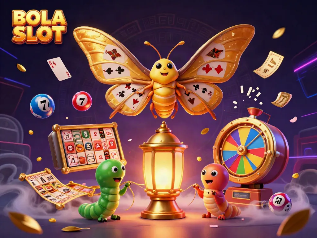 BOLA SLOT showcases vibrant slot reels and golden tickets in a dynamic casino scene with an atlas moth.