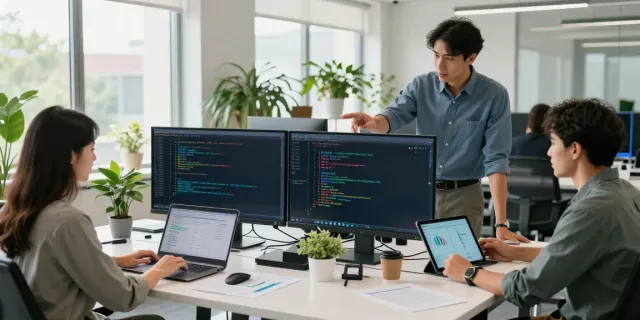 Team collaboration on AI infrastructure projects in a modern workspace, emphasizing the AI Token Economy.