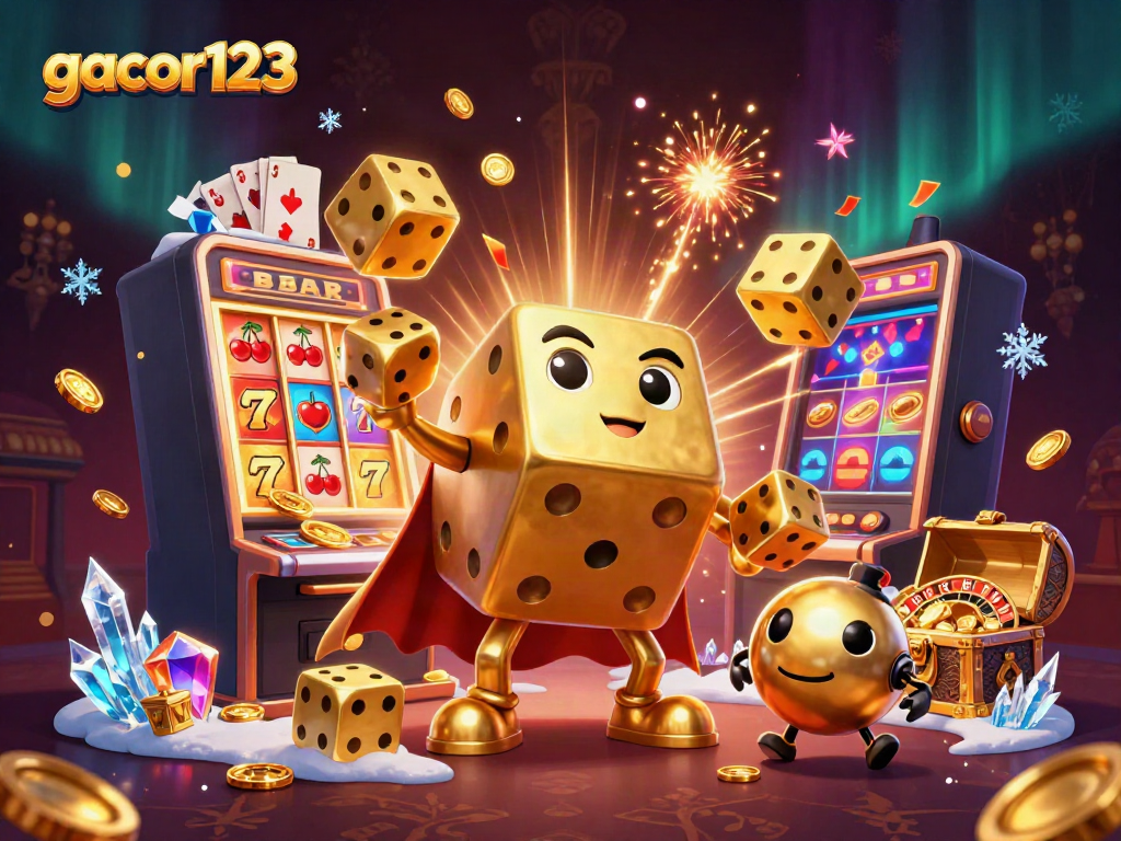 Experience the excitement of gacor123 with a colorful, action-packed casino illustration featuring dynamic characters and thrilling game elements.