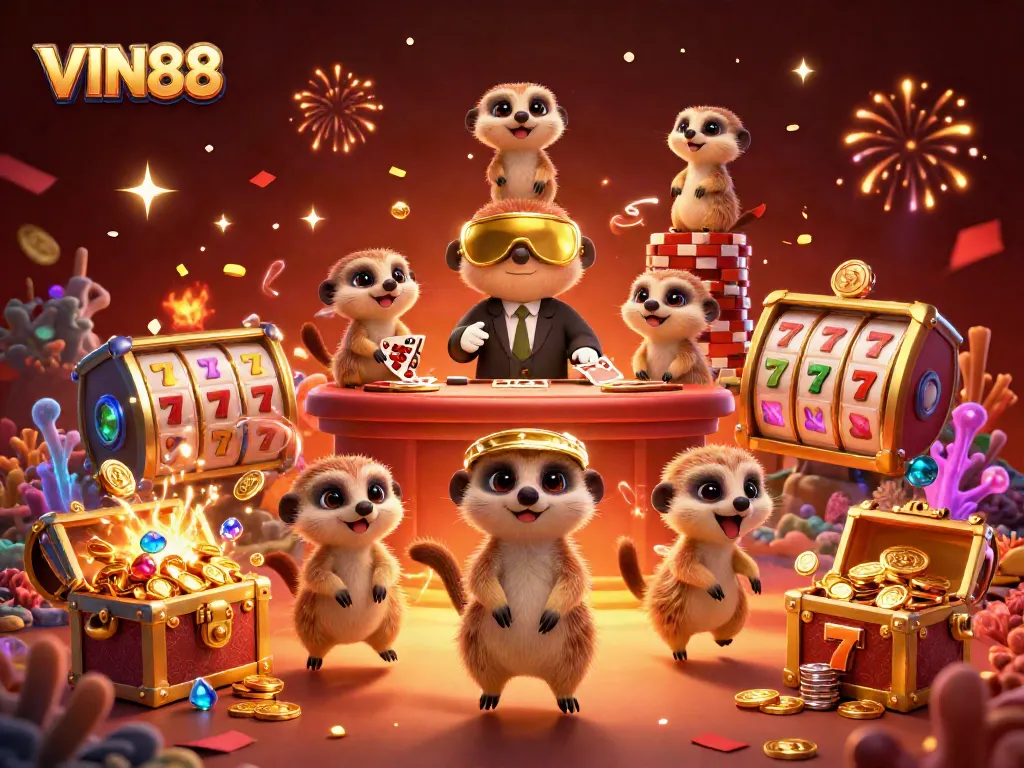 VIN88 showcases a lively casino with meerkats engaging in dynamic gambling activities and colorful elements.