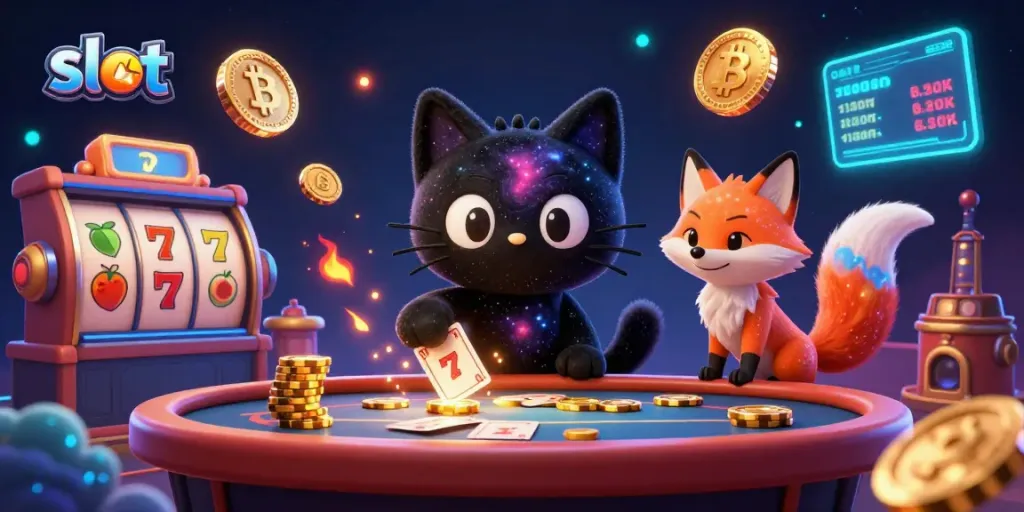 Experience thrilling slot action with vibrant characters and dynamic elements in this cosmic casino scene.