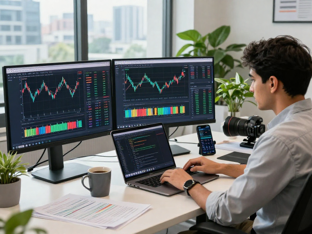 Developer analyzing data from India stock real-time API in a modern workspace.