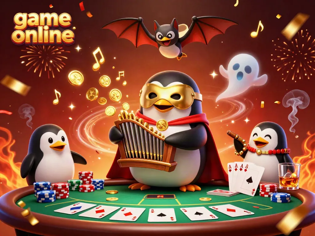Experience exciting game online action with a 3D cartoon penguin at a vibrant casino scene.