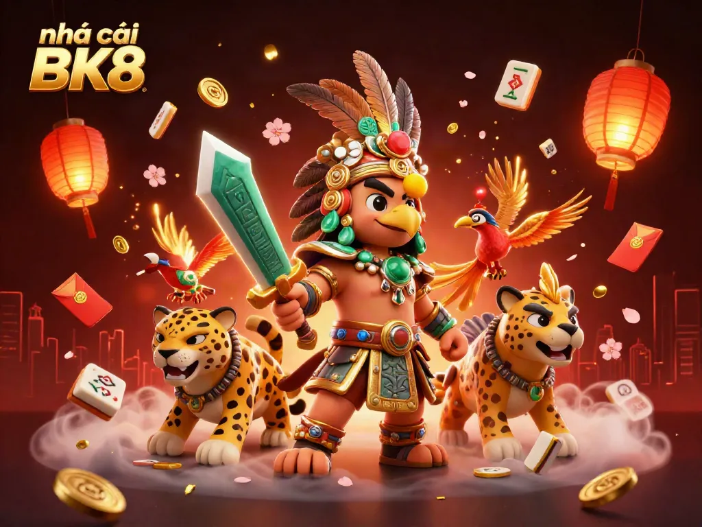 Experience the excitement of nhà cái BK8 with a vibrant 3D illustration featuring Aztec warriors, mahjong tiles, and dynamic gaming elements.