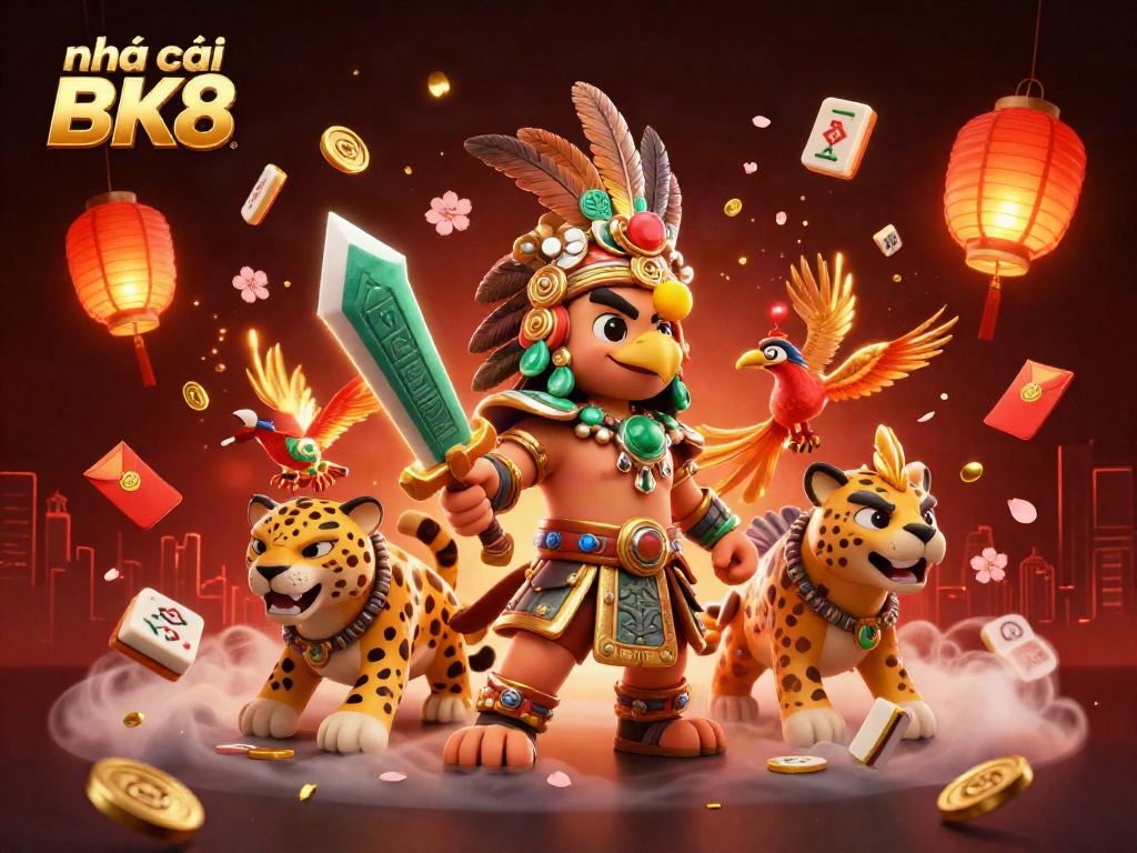 Experience the excitement of nhà cái BK8 with a vibrant 3D illustration featuring Aztec warriors, mahjong tiles, and dynamic gaming elements.