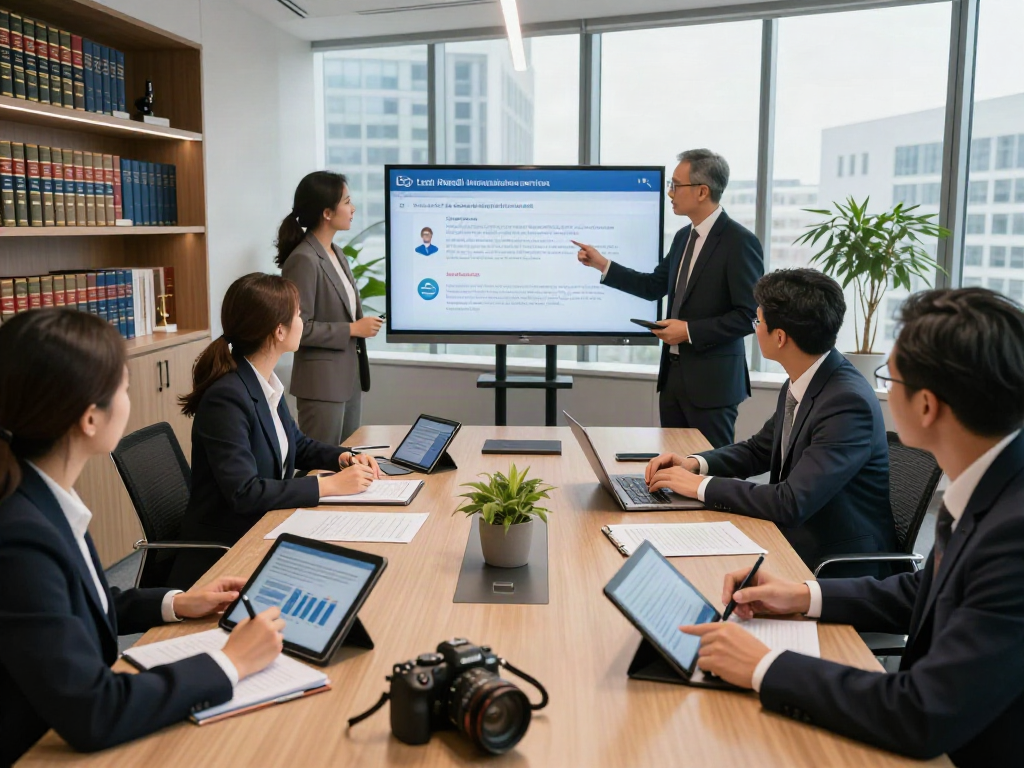 Legal professionals collaborating on international law strategies with Lead Roedl in a modern office.