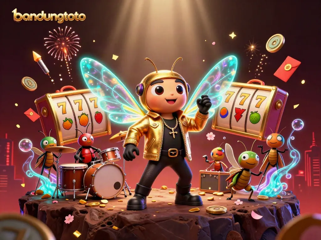 Experience excitement at bandungtoto with a vibrant casino scene featuring animated characters and slot games.