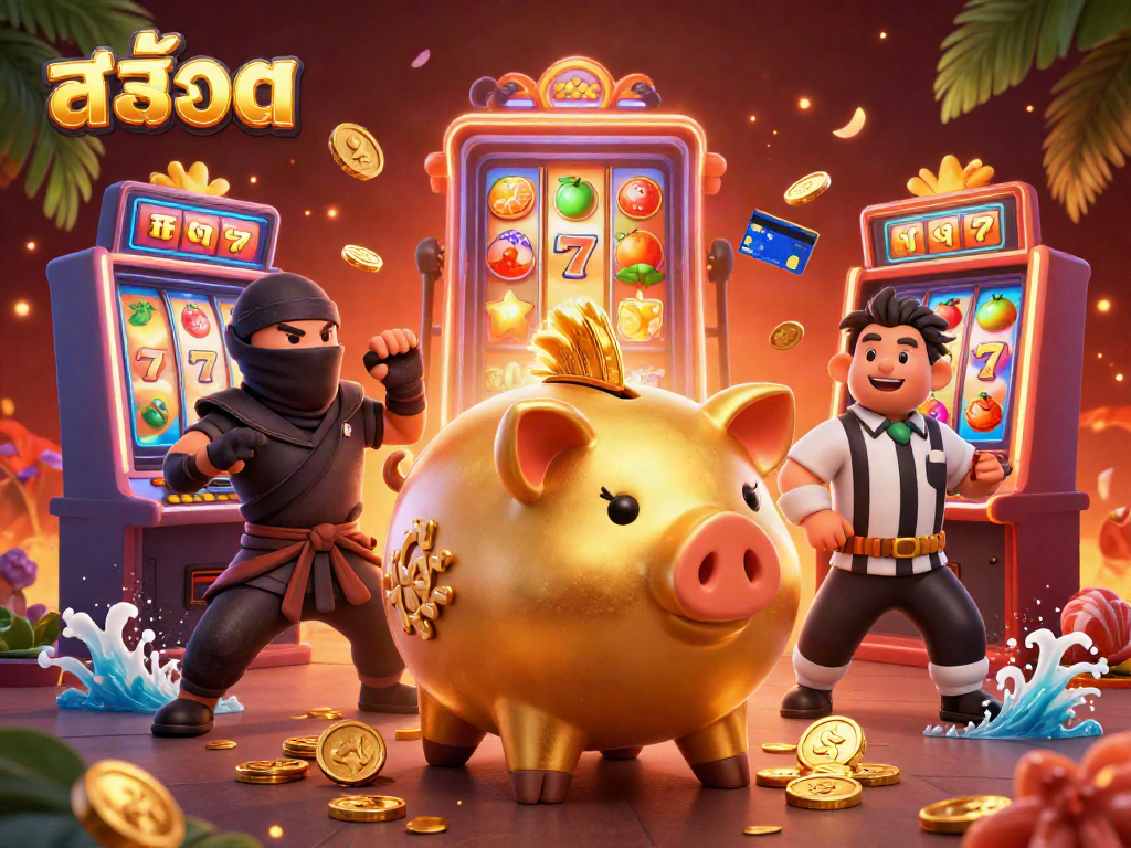 Experience the excitement of สล็อต with a lively scene featuring a golden piggy bank sumo wrestler and dynamic gaming elements.