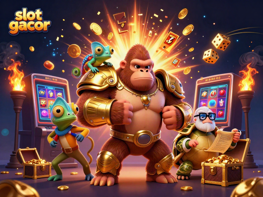 Experience the thrill of slot gacor with a powerful cartoon gorilla king and friends in a vibrant casino explosion.
