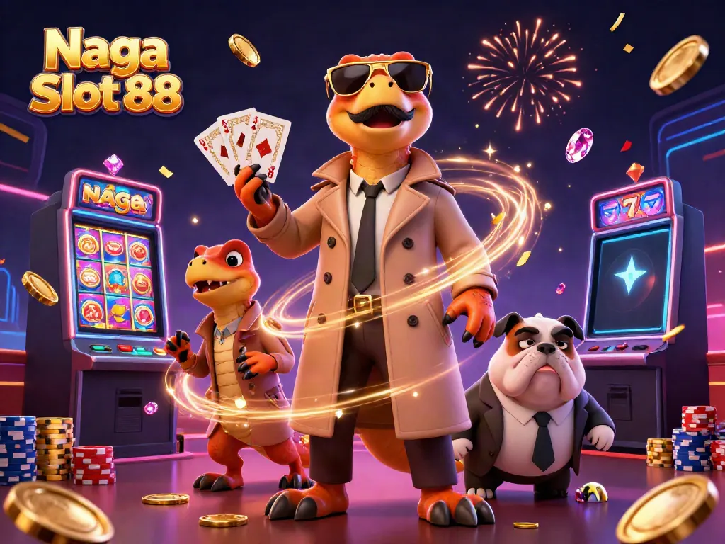 Experience the thrill of Naga Slot 88 with playful raptors in a trench coat at a VIP casino