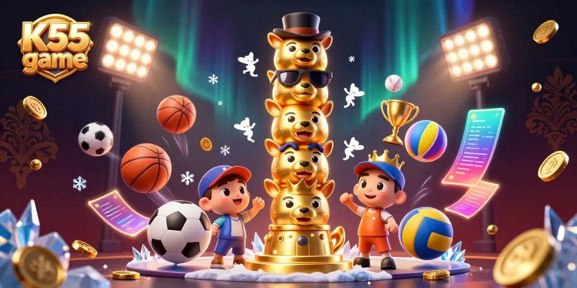 K55 game features vibrant 3D casino elements with dynamic sports balls and a golden totem pole character.