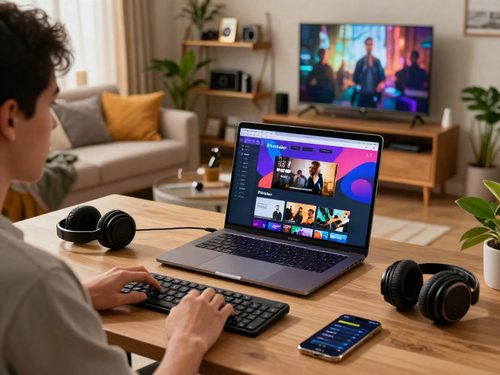 Pikashow app download showcased in a modern, stylish workspace with streaming content on a laptop.