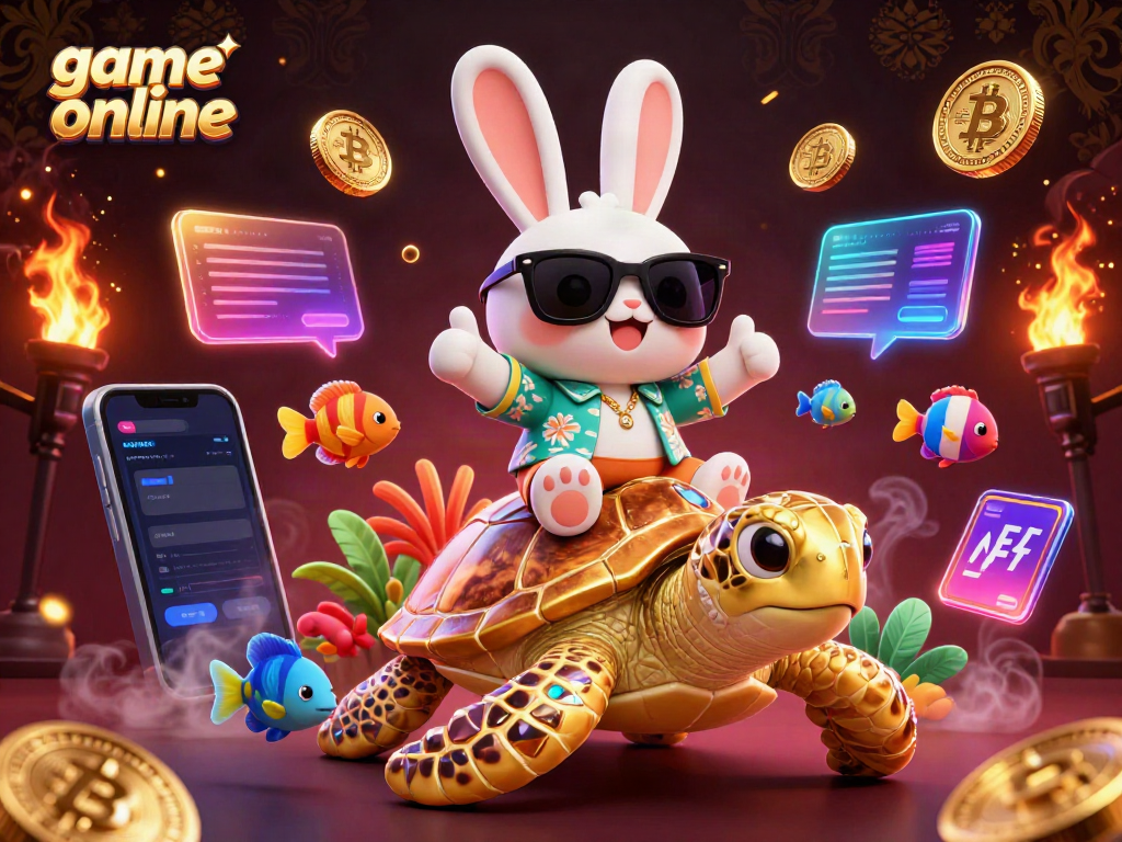 Engage in a vibrant game online atmosphere featuring a lucky rabbit and sea turtle surrounded by crypto elements.