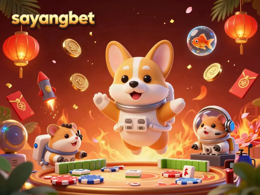 Experience exciting gameplay with sayangbet in a whimsical space-themed casino scene featuring a floating corgi, poker chips, and vibrant decorations.