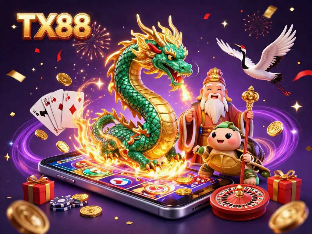 Engage with TX88's immersive gaming world depicted by a vibrant scene featuring magical creatures and casino elements.