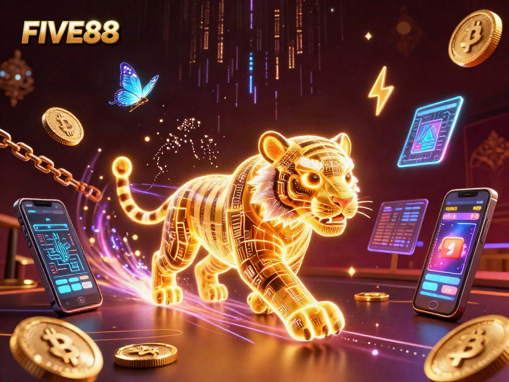 Experience the thrill of FIVE88 with a dynamic digital casino scene featuring vibrant neon elements.