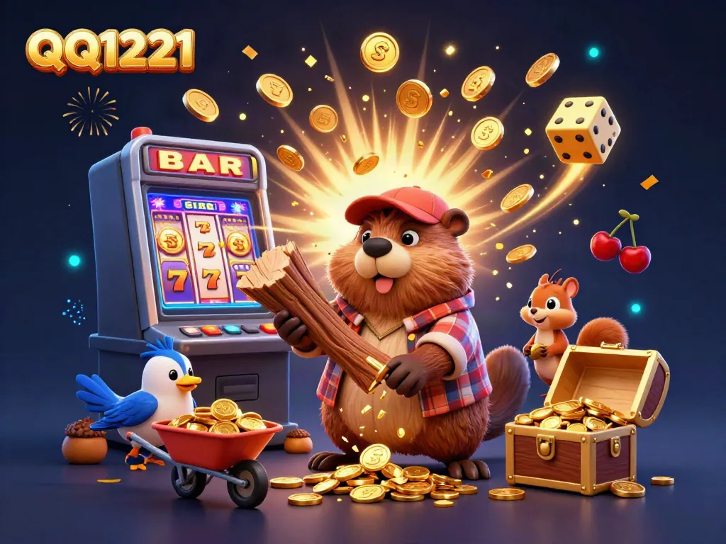 Experience the QQ1221 excitement with a vibrant 3D casino scene featuring unique characters and jackpot elements.