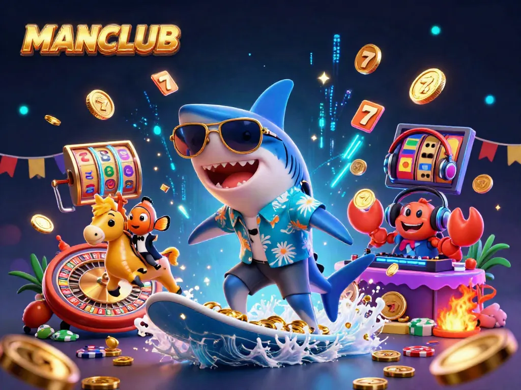 Engage in thrilling casino fun with MANCLUB, featuring vibrant 3D characters and dynamic game elements.