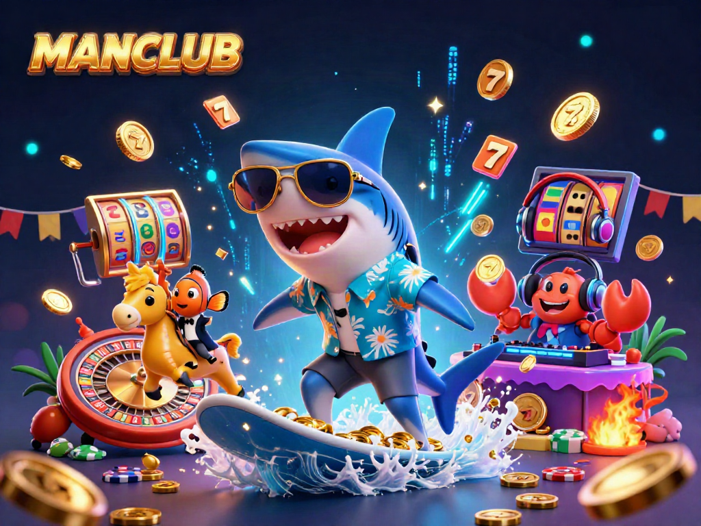Engage in thrilling casino fun with MANCLUB, featuring vibrant 3D characters and dynamic game elements.