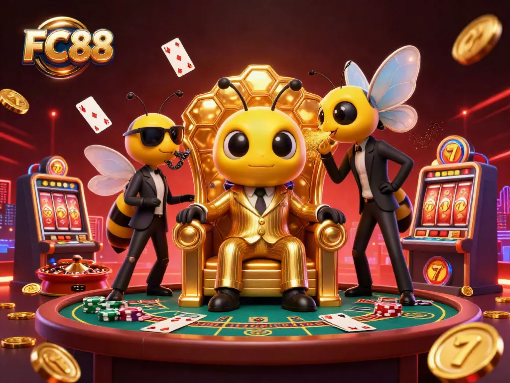 Immerse in the excitement of FC88 with a colorful casino 3D scene showcasing a bumblebee mob boss and gaming elements.