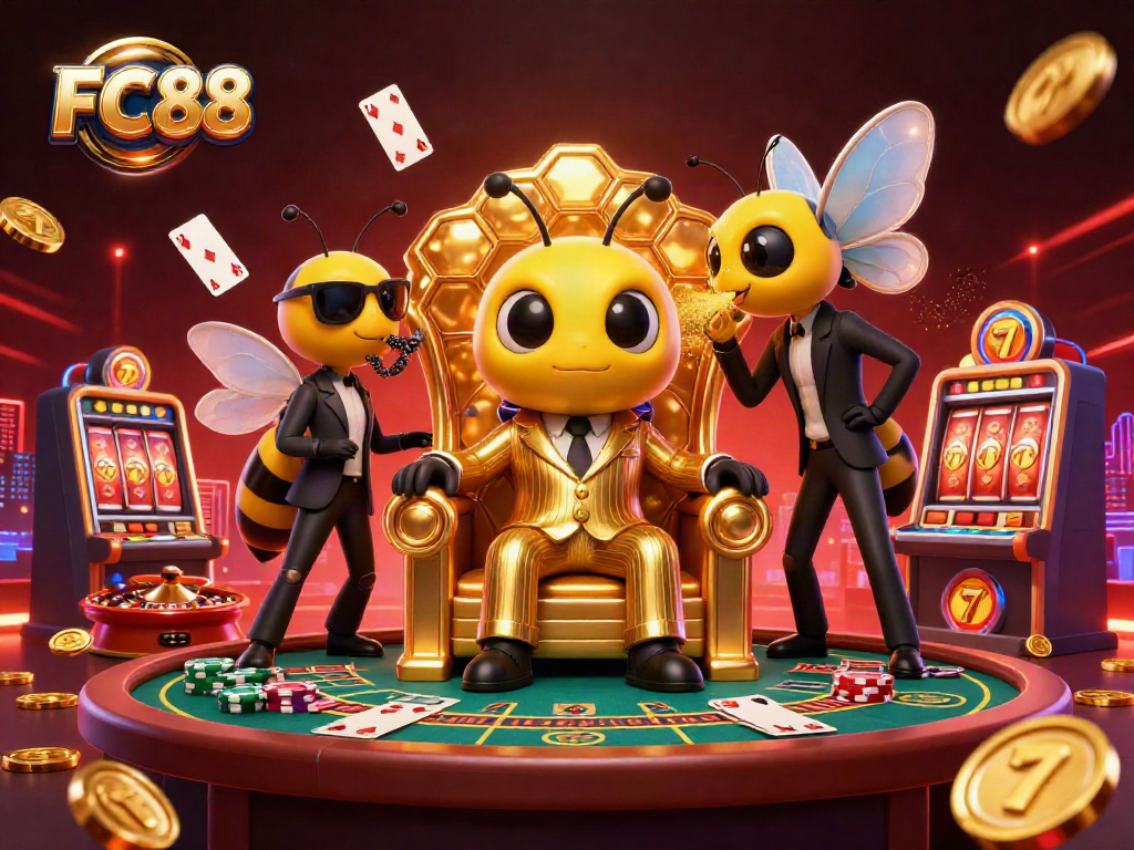 Immerse in the excitement of FC88 with a colorful casino 3D scene showcasing a bumblebee mob boss and gaming elements.