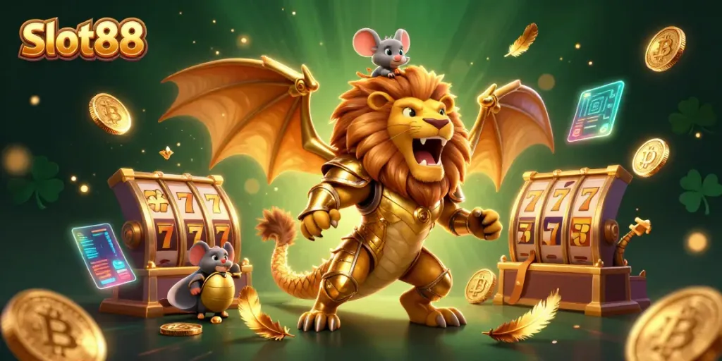 Experience thrilling wins with Slot88 featuring a golden armored chimera and vibrant slot reels.
