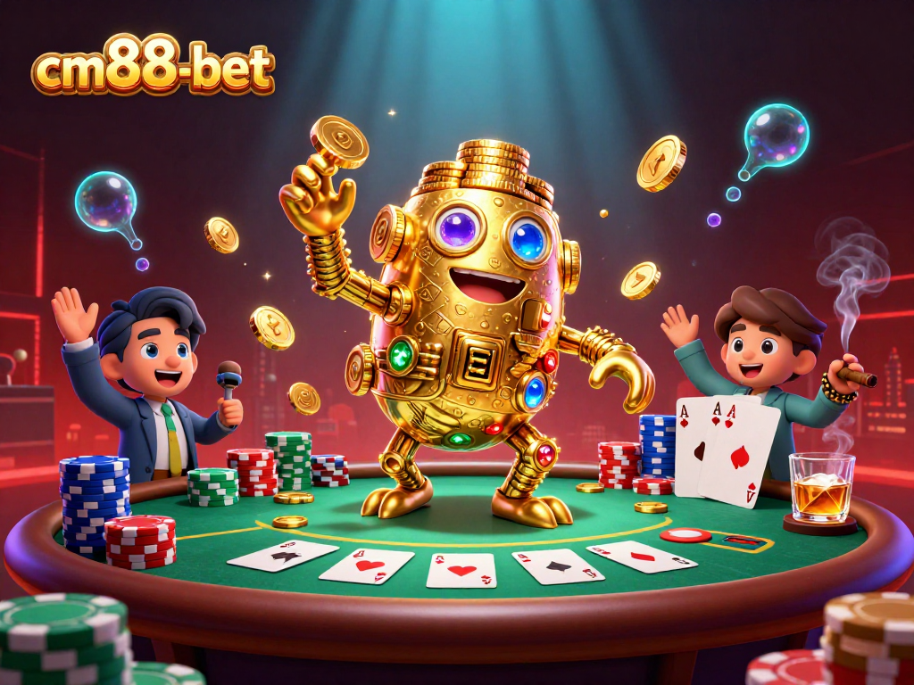 Engage with cm88-bet's thrilling casino experience featuring a golden golem and poker elements.