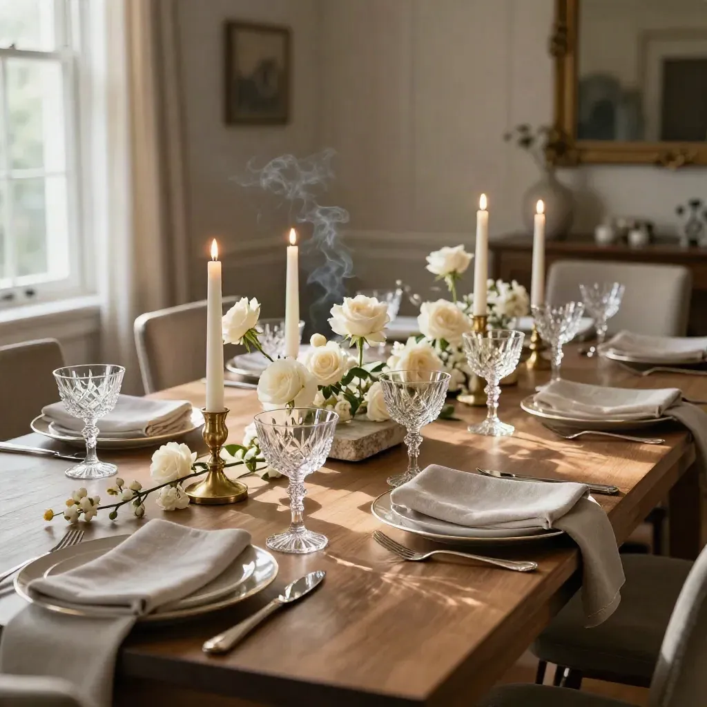 Private dining table with coupes, taper candles, ivory florals, and linen chargers in warm candlelight