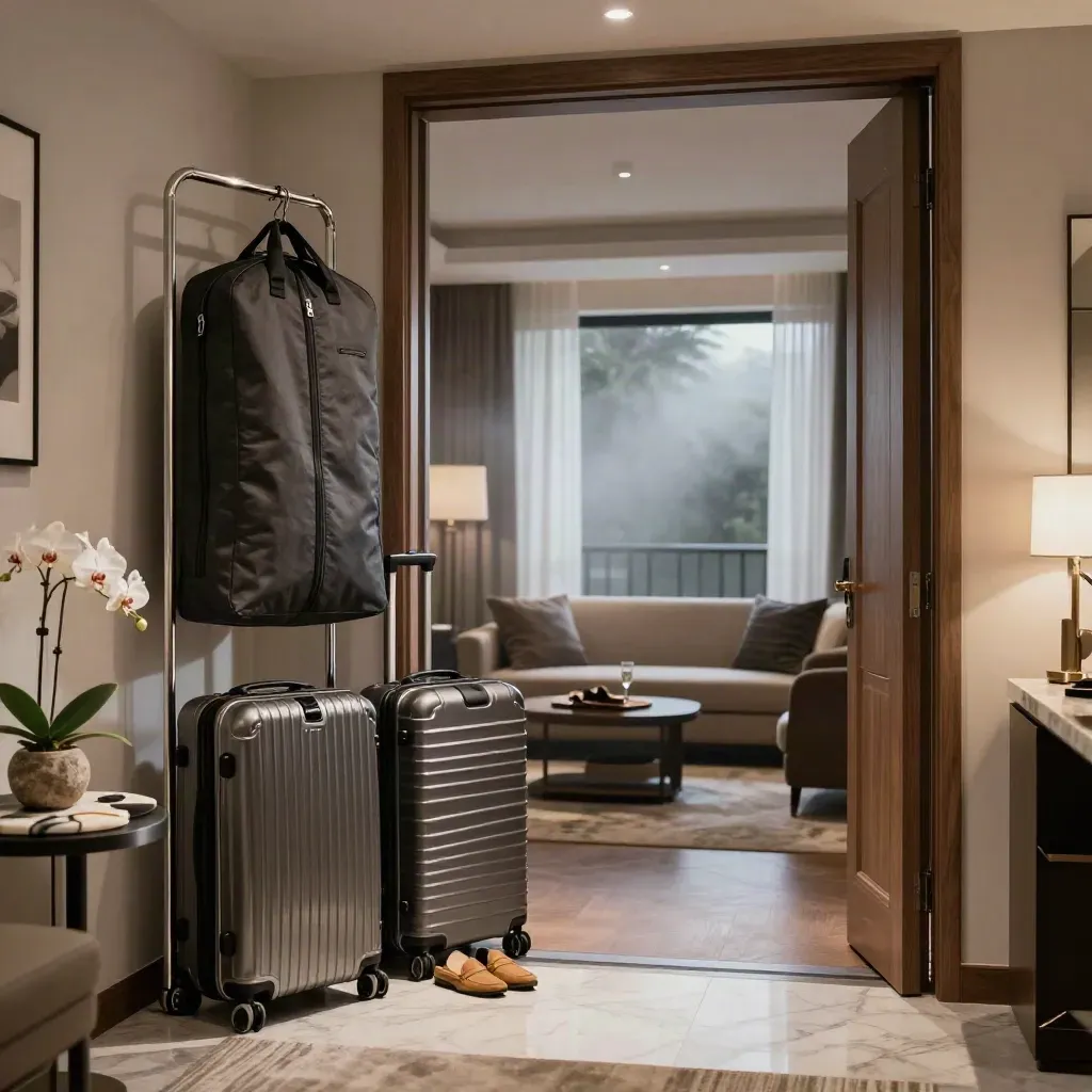 Empty hotel suite ready for a VIP guest, with luggage, garment bag, orchids and balcony light.