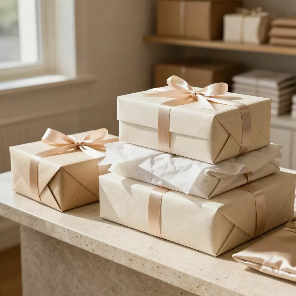 Ivory gift boxes, tissue, and a satin pouch stacked on travertine in warm window light.