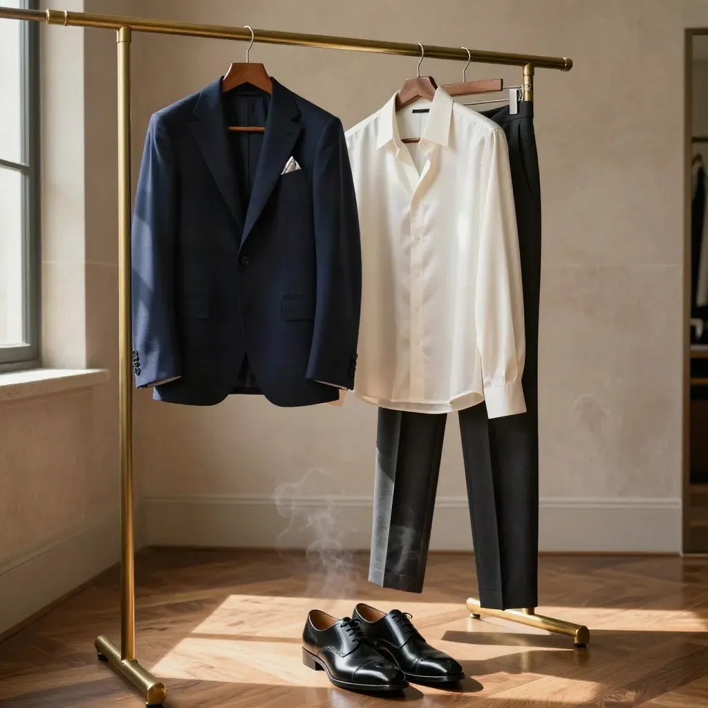 Tailored blazer, silk shirt, trousers and polished shoes on a dressing suite rail