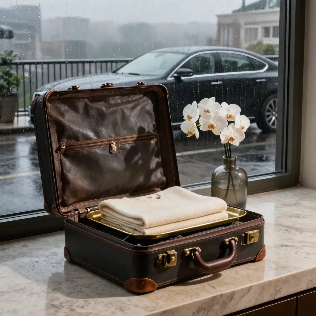 Penthouse arrival tableau with luggage, orchids, cashmere, valet tray, and sedan reflection after rain.