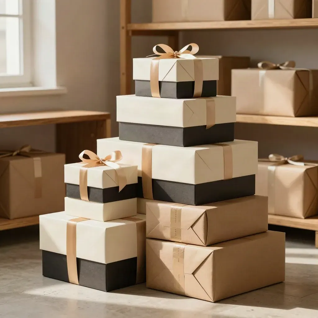 Luxury gift boxes and packing crates ready for dispatch in warm window light.