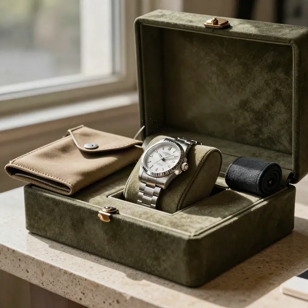 Rare luxury watch in open case with velvet pad, dealer pouch, and dramatic light.