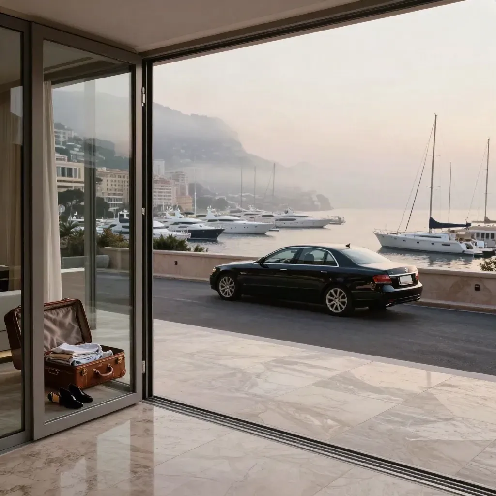 Pre-dawn Monaco villa terrace with open luggage, black sedan, and harbor haze.