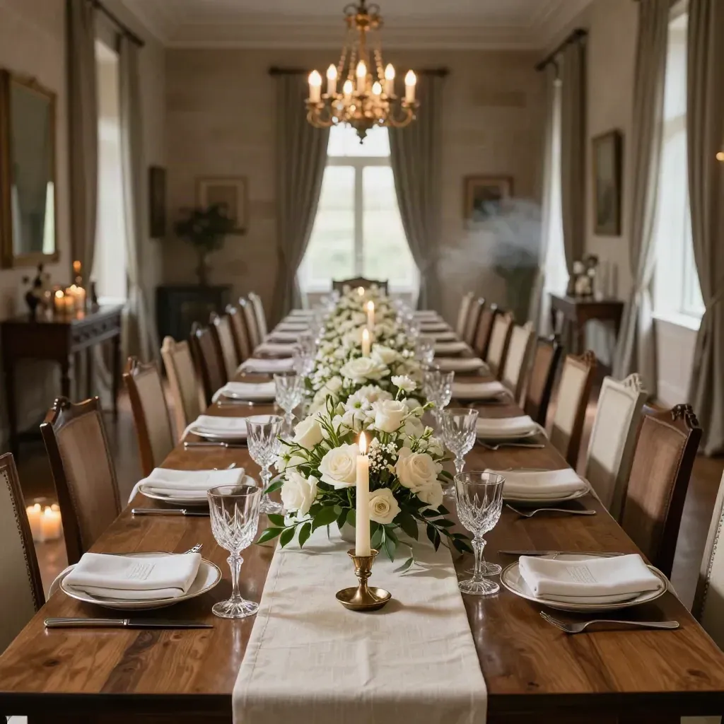 Elegant private dining room set for sixty with candles, florals, crystal, and ivory linen