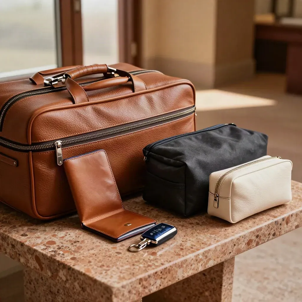Luxury travel kit with carry-on, passport holder, garment bag, key fob, and toiletry case on stone.