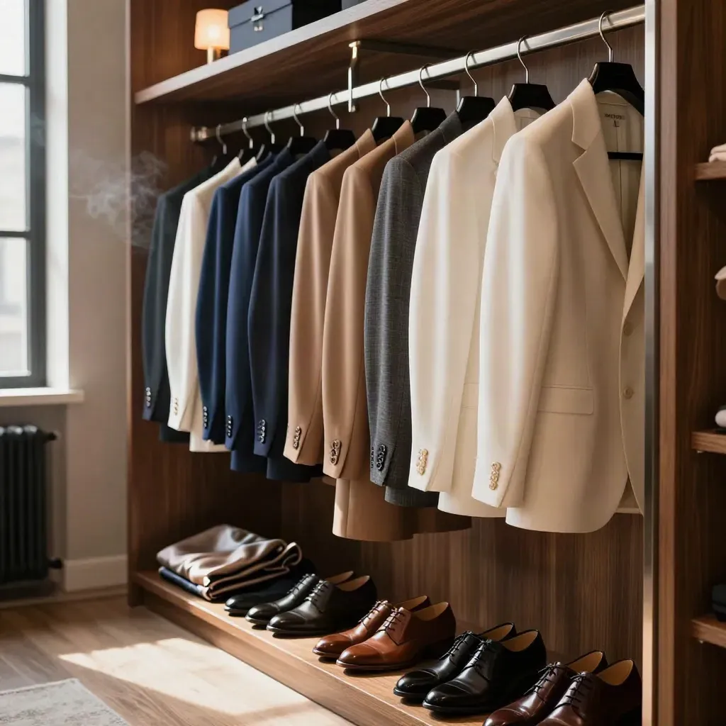 Luxury wardrobe rail with tailored looks and paired shoes in warm boutique light.