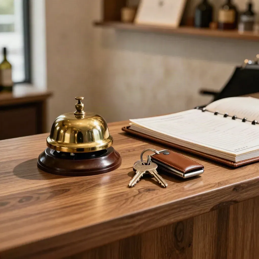 Brass concierge bell, leather key tray, itinerary folio and key fobs on walnut counter.
