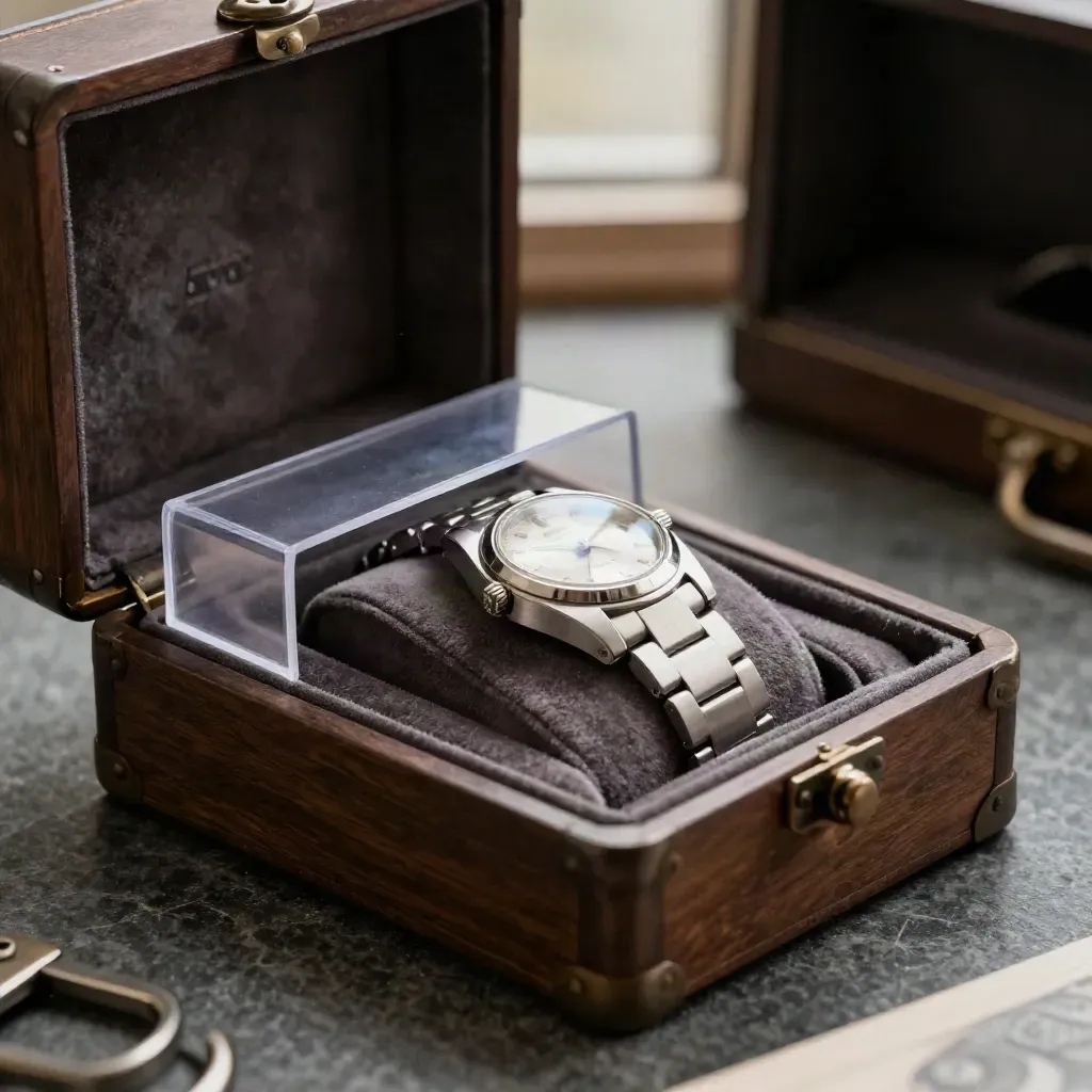 Rare vintage watch revealed in a velvet-lined case, bracelet and sleeve caught in a tense macro.
