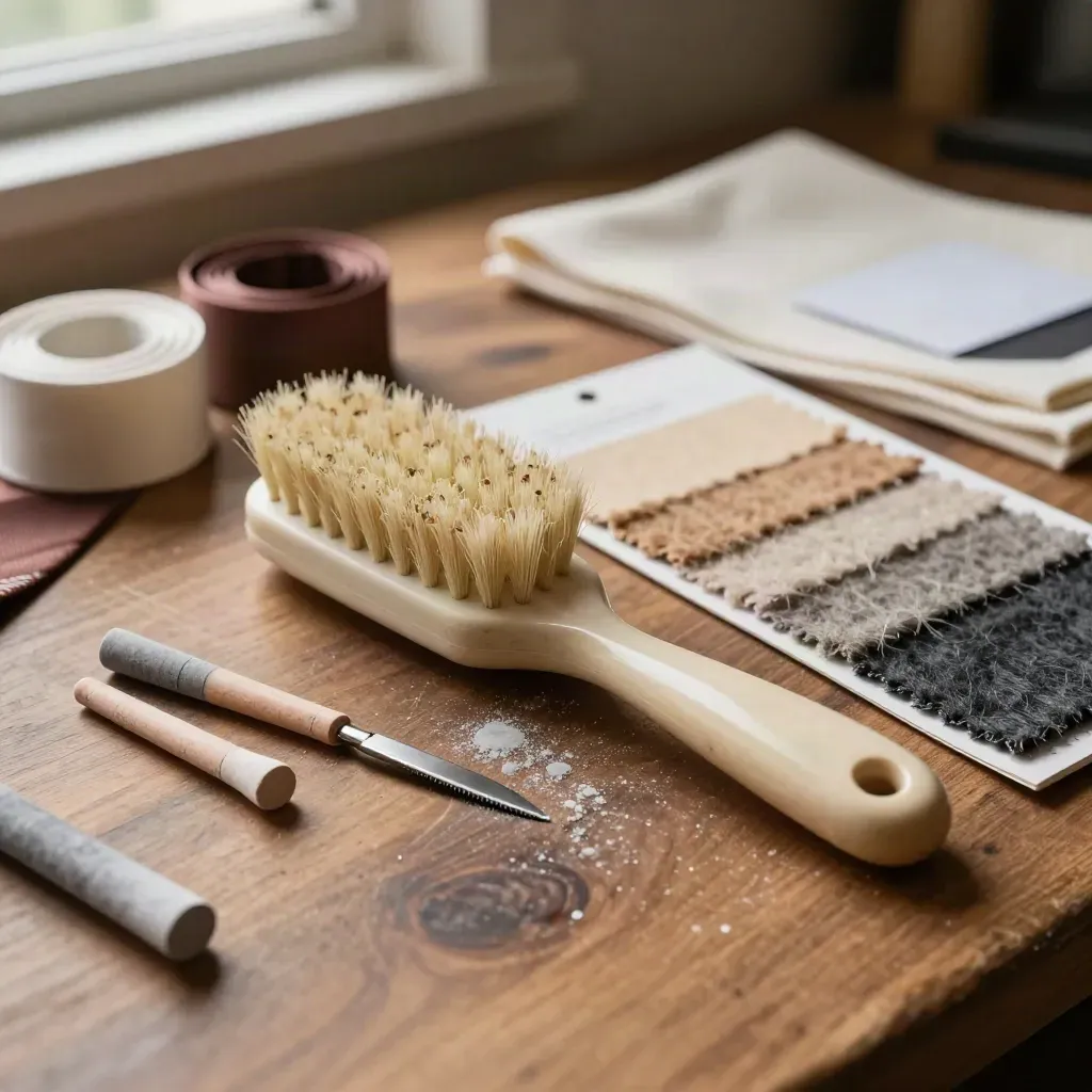 Tailoring brush, silk tie rolls and wool swatches lit in a warm macro close-up on a walnut bench.