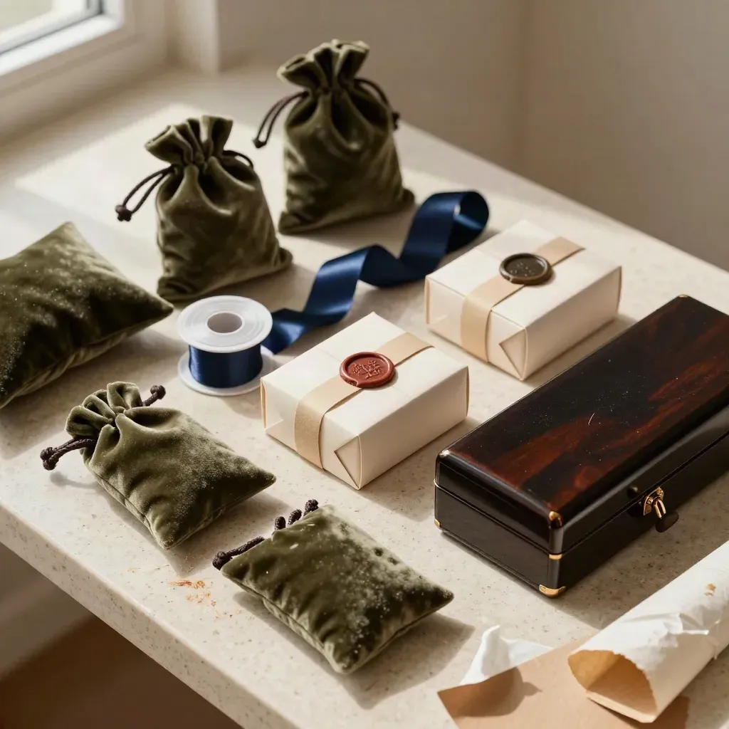 Top-down macro of luxury sourcing parcels, velvet pouches, ribbon spools and a lacquered case.