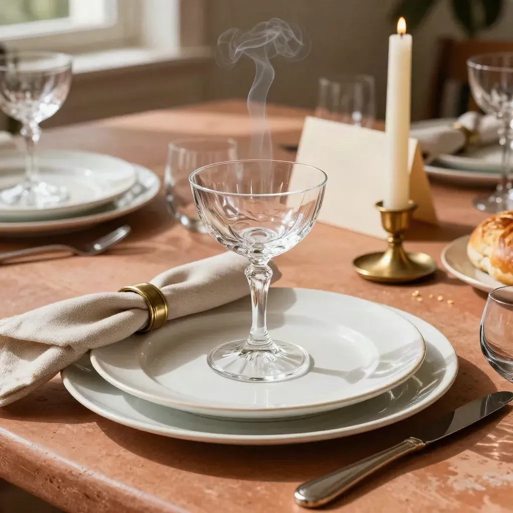 Grand banquet setting with chargers, crystal coupes, taper candles, and a steaming brioche roll.